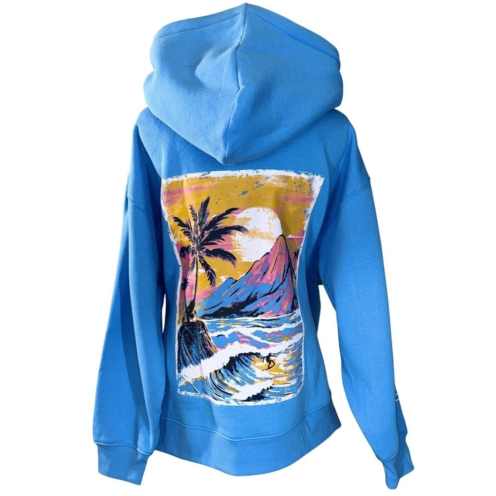 Wild Fable Hoodie Large Coastal Surf Boho Graphic Pullover NWT Sunset Top Blue - Picture 2 of 9